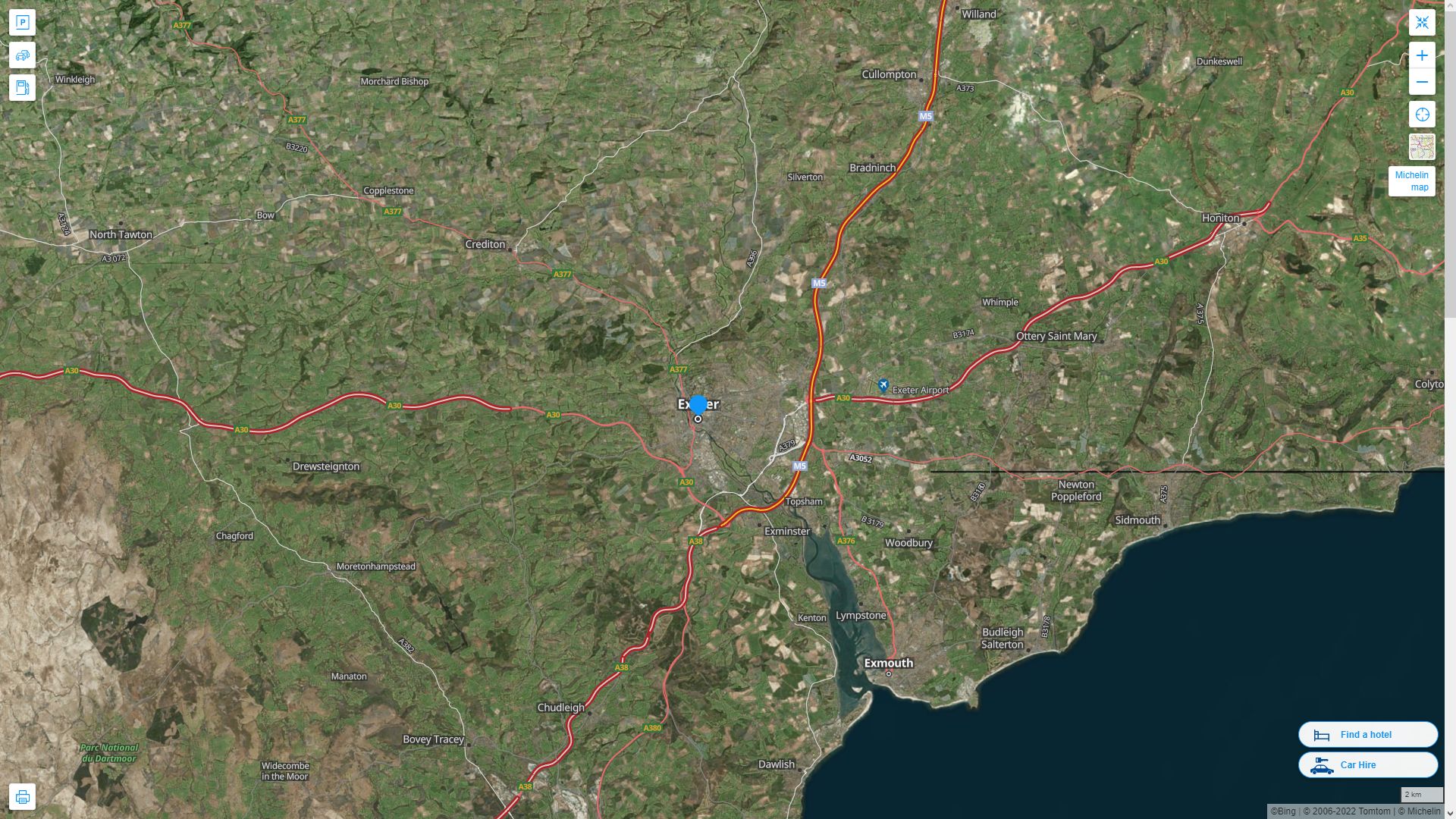 Exeter Royaume Uni Autoroute et carte routiere avec vue satellite